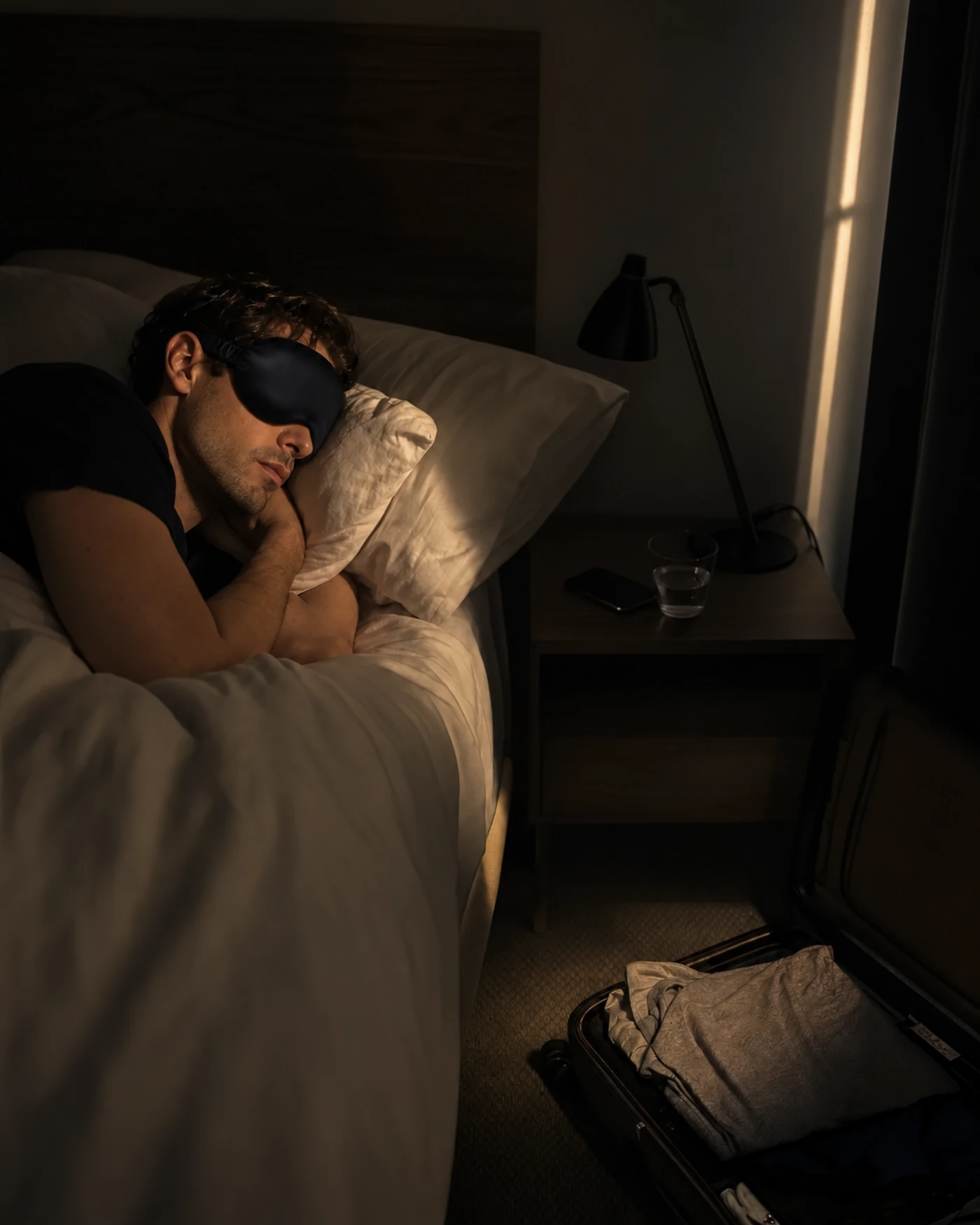 Un hombre durmiendo en la cama de un hotel, con VEIL puesto y la luz de la calle entrando por la cortina