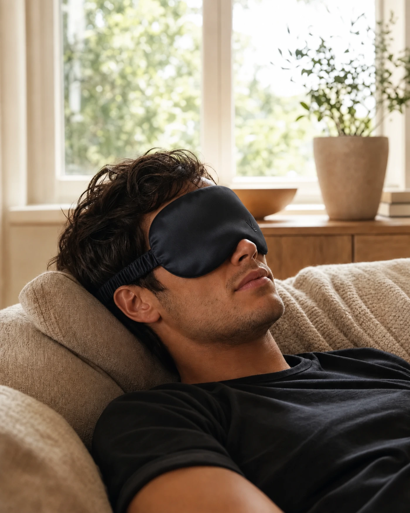 Un hombre durmiendo la siesta en un living a pleno sol, con VEIL puesto
